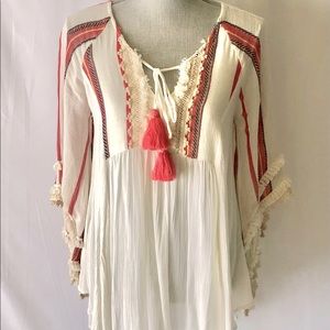 Avani Coral Striped Boho Tassel Top.  Size Small.